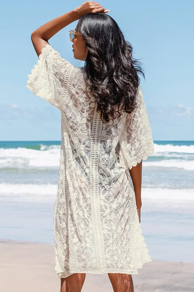 Women Kaftans Cupshe Sienna Vneck Lace Trims Embroidery Kimono Beige