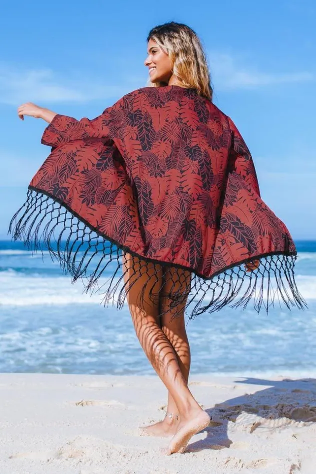 Women Kimono Cover Ups Cupshe Frankie Tropical Fringe Hem Kimono Red