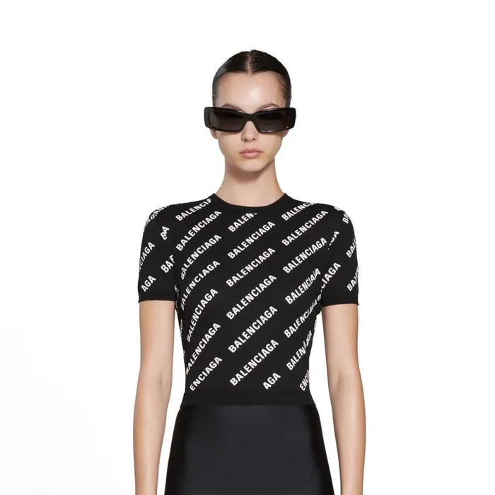 Women Knitwear Balenciaga Mini Allover Logo Crop Short Sleeve Sweater In Black