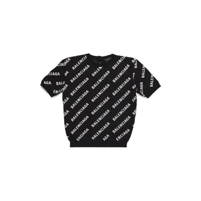 Women Knitwear Balenciaga Mini Allover Logo Crop Short Sleeve Sweater In Black