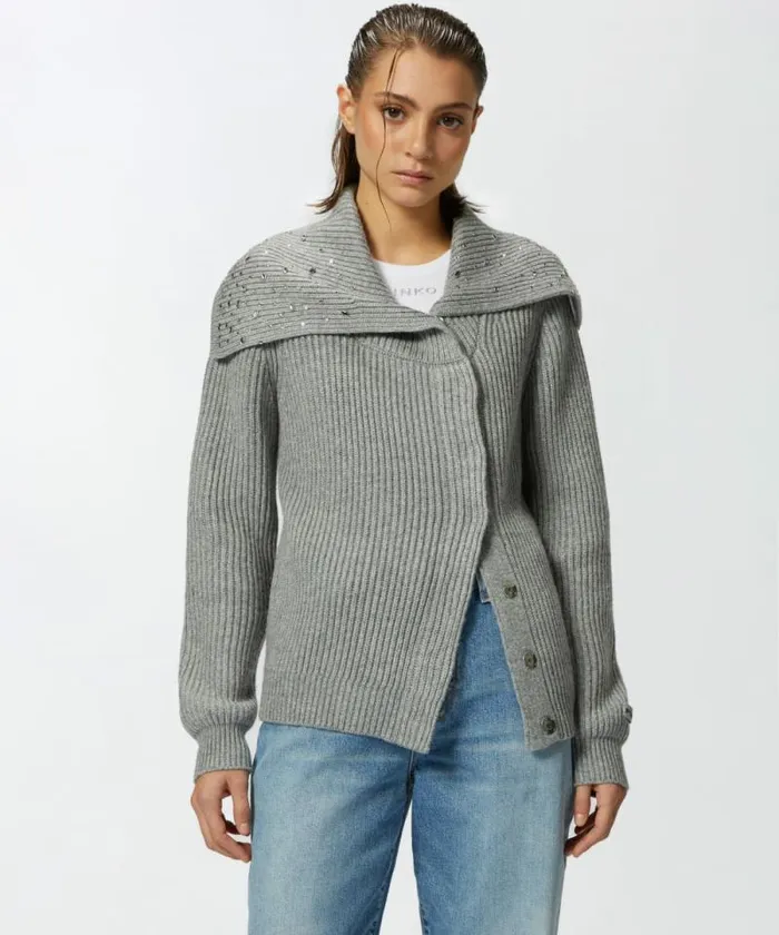 Women Knitwear Pinko Highneck Cashmereblend Cardigan With Crystals Metallic Silver Women Knitwear Pinko Highneck Cashmereblend Cardigan With Crystals Metallic Silver