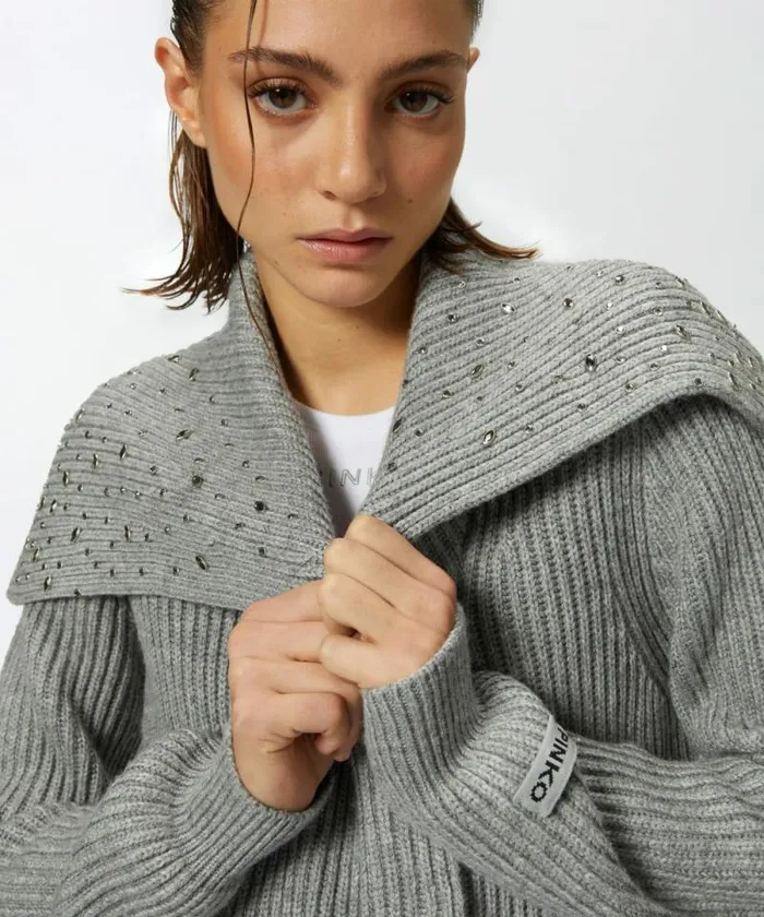 Women Knitwear Pinko Highneck Cashmereblend Cardigan With Crystals Metallic Silver Women Knitwear Pinko Highneck Cashmereblend Cardigan With Crystals Metallic Silver
