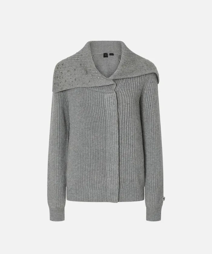 Women Knitwear Pinko Highneck Cashmereblend Cardigan With Crystals Metallic Silver Women Knitwear Pinko Highneck Cashmereblend Cardigan With Crystals Metallic Silver