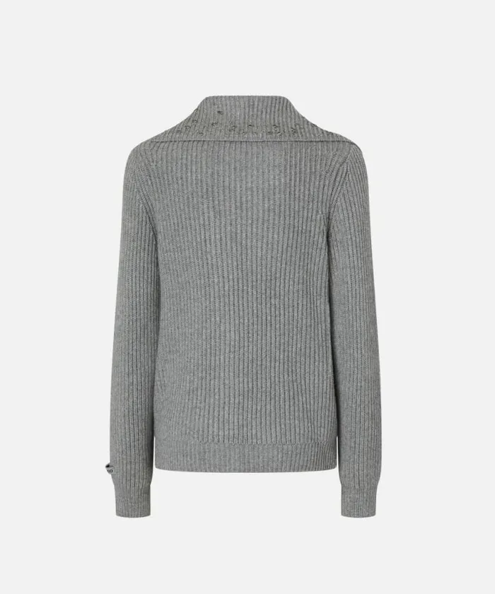 Women Knitwear Pinko Highneck Cashmereblend Cardigan With Crystals Metallic Silver Women Knitwear Pinko Highneck Cashmereblend Cardigan With Crystals Metallic Silver