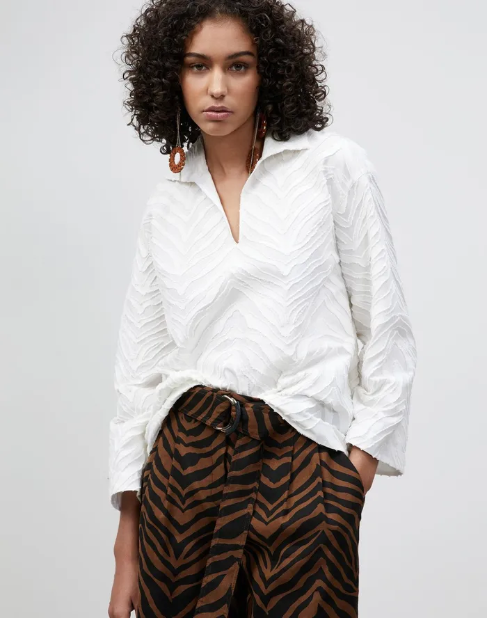 Women Lafayette 148 New York Blouses and Shirts Dales Shirt In Italian Zebra Jacquard Cotton White Women Lafayette 148 New York Blouses and Shirts Dales Shirt In Italian Zebra Jacquard Cotton White