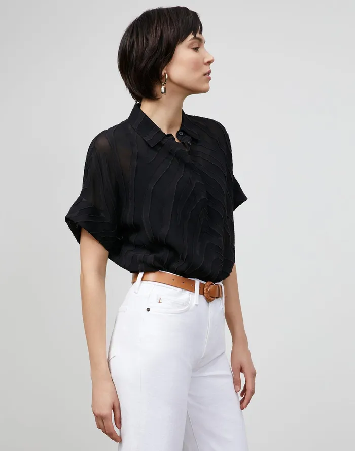 Women Lafayette 148 New York Blouses and Shirts Mavis Shirt In Refined Italian Zevron Jacquard Black