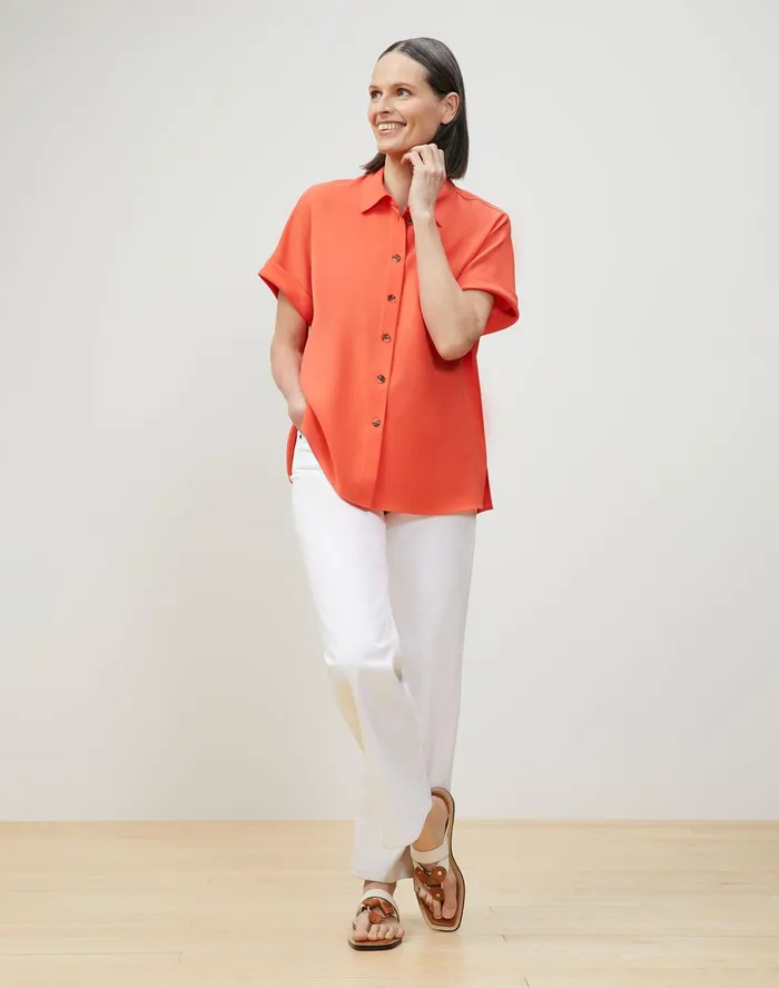 Women Lafayette 148 New York Blouses and Shirts PlusSize Darby Blouse In Finesse Crepe Vibrant Persimmon