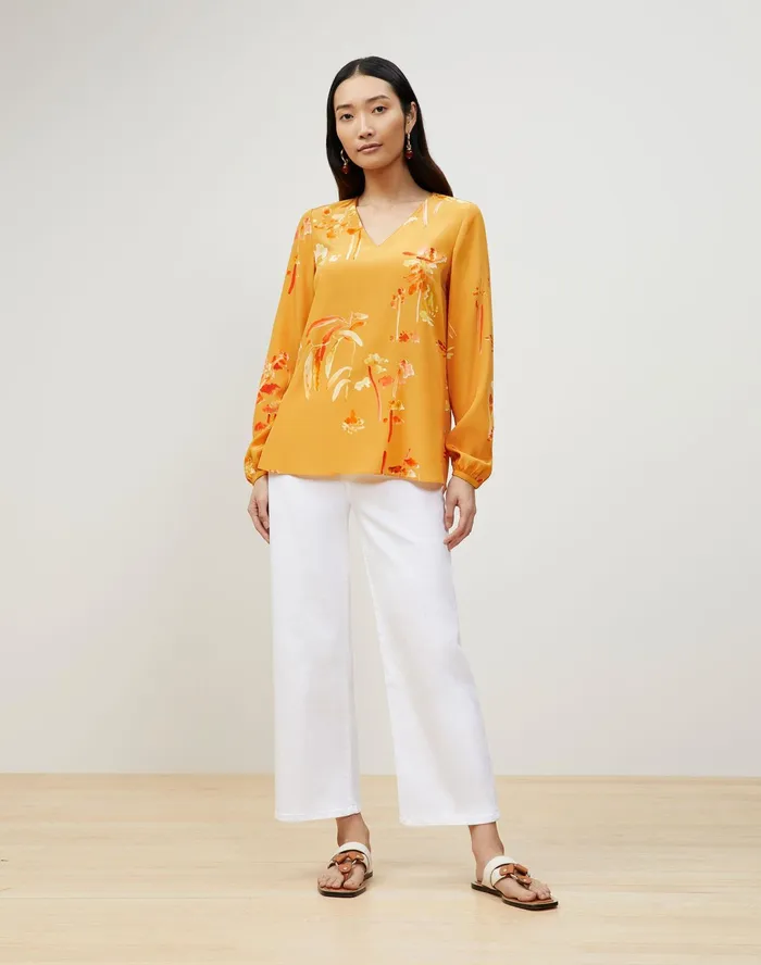 Women Lafayette 148 New York Blouses and Shirts PlusSize Melba Blouse In Oasis Print Silk Tuscan Orange Multi