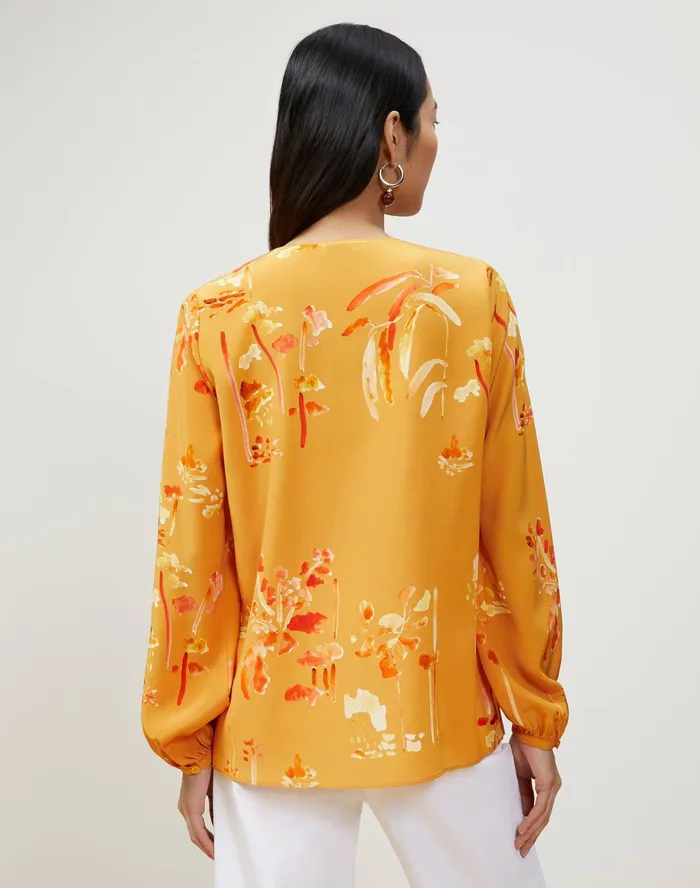 Women Lafayette 148 New York Blouses and Shirts PlusSize Melba Blouse In Oasis Print Silk Tuscan Orange Multi
