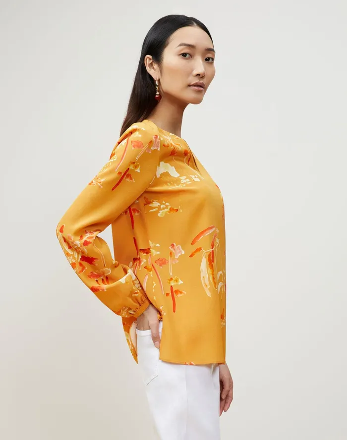 Women Lafayette 148 New York Blouses and Shirts PlusSize Melba Blouse In Oasis Print Silk Tuscan Orange Multi