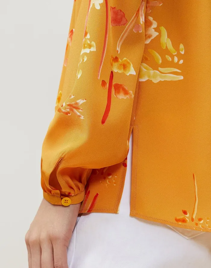 Women Lafayette 148 New York Blouses and Shirts PlusSize Melba Blouse In Oasis Print Silk Tuscan Orange Multi