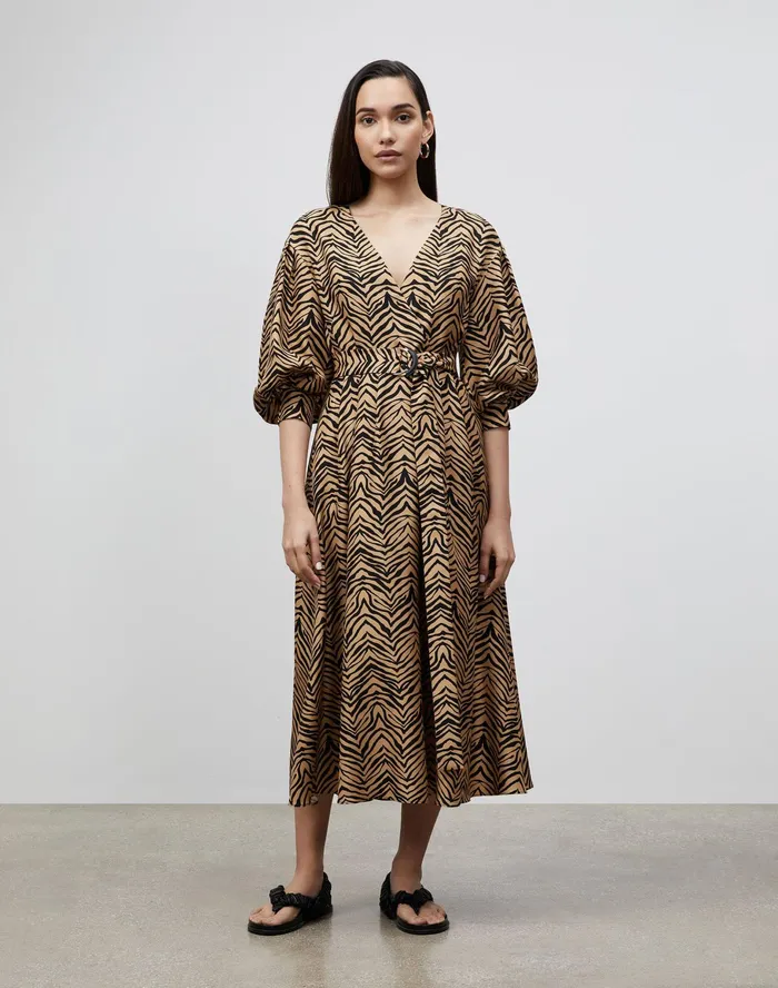 Women Lafayette 148 New York Dresses Faye Dress In Mini Zevron Print Shantung Honeynut Multi