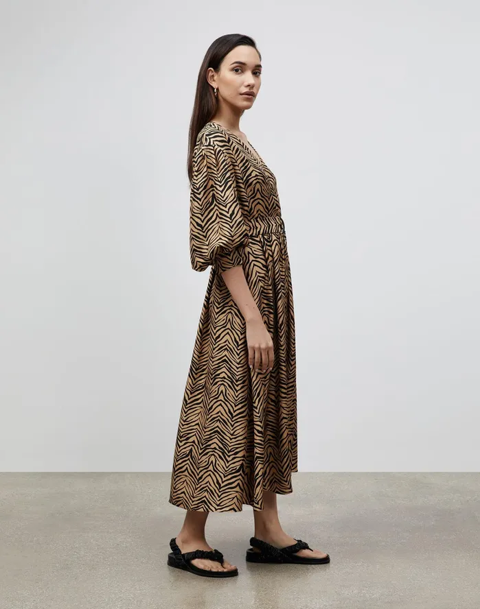 Women Lafayette 148 New York Dresses Faye Dress In Mini Zevron Print Shantung Honeynut Multi