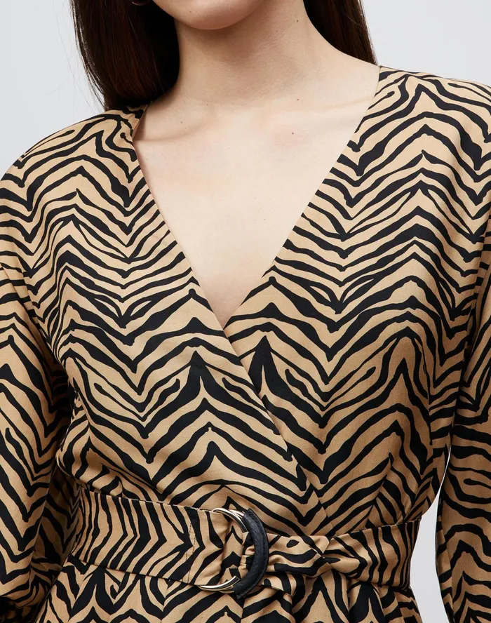 Women Lafayette 148 New York Dresses Faye Dress In Mini Zevron Print Shantung Honeynut Multi