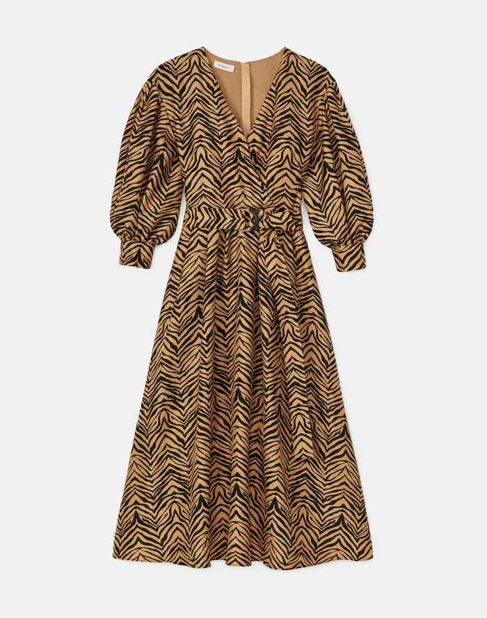 Women Lafayette 148 New York Dresses Faye Dress In Mini Zevron Print Shantung Honeynut Multi