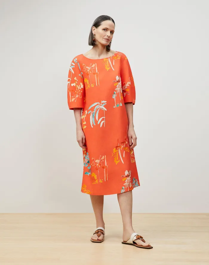 Women Lafayette 148 New York Dresses PlusSize Cait Midi Dress In Oasis Print Coastal Cloth Vibrant Persimmon Multi