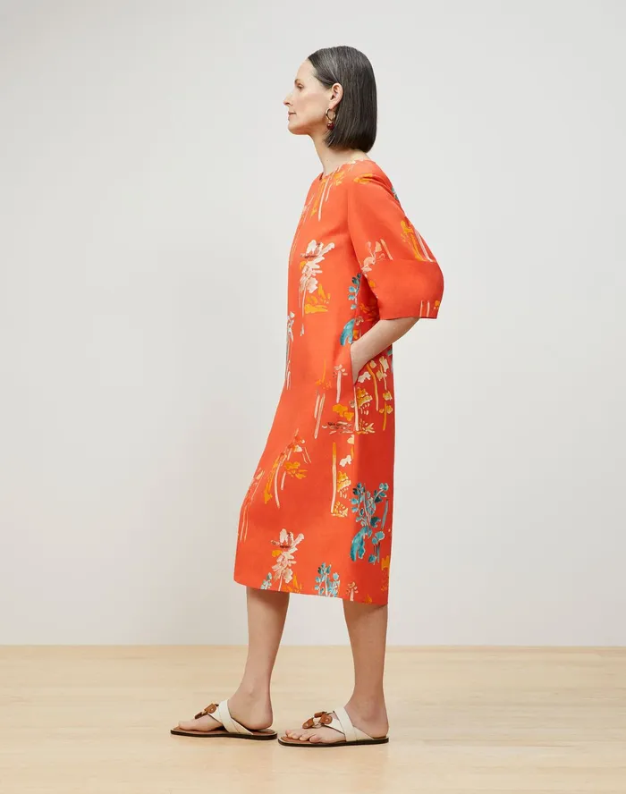 Women Lafayette 148 New York Dresses PlusSize Cait Midi Dress In Oasis Print Coastal Cloth Vibrant Persimmon Multi