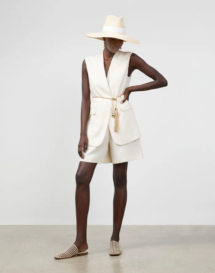 Women Lafayette 148 New York Jackets and Blazers Theo Vest In Lavish Linen Creme Fraiche