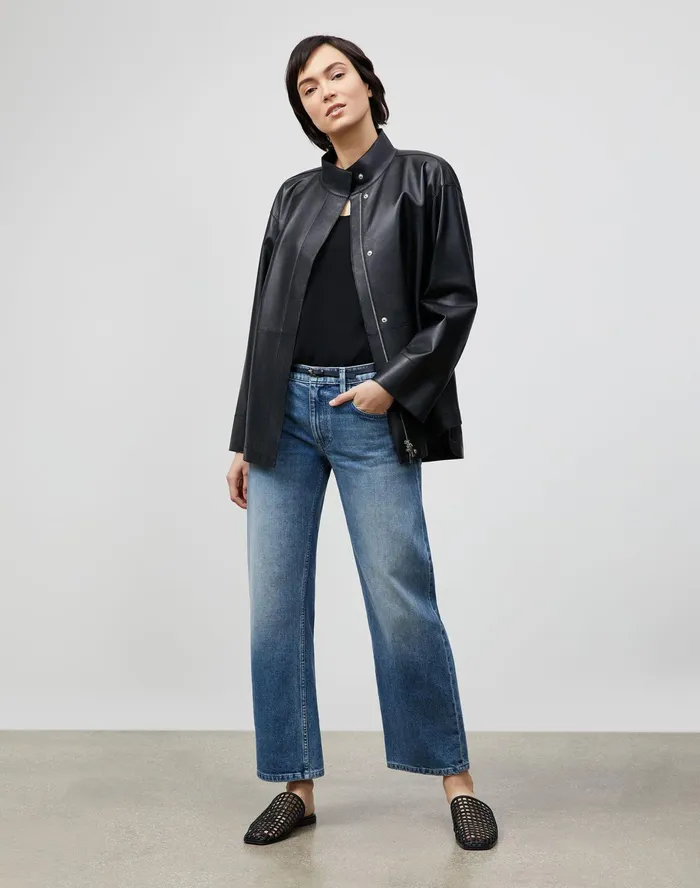 Women Lafayette 148 New York Leathers and Suedes Ansel Jacket In Lightweight Plonge Lambskin Black