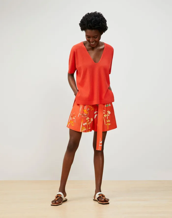 Women Lafayette 148 New York Pants and Shorts Degraw Short In Oasis Print Coastal Cloth Vibrant Persimmon Multi