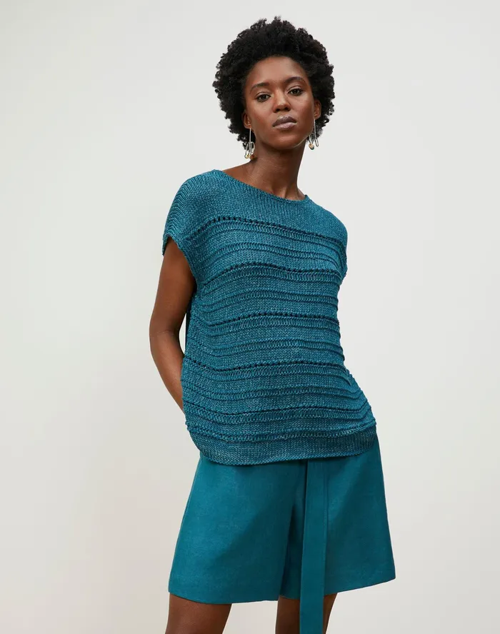 Women Lafayette 148 New York Sweaters Cotton Silk Tape Bateau Neck Open Stitch Pullover Deep Lagoon Multi