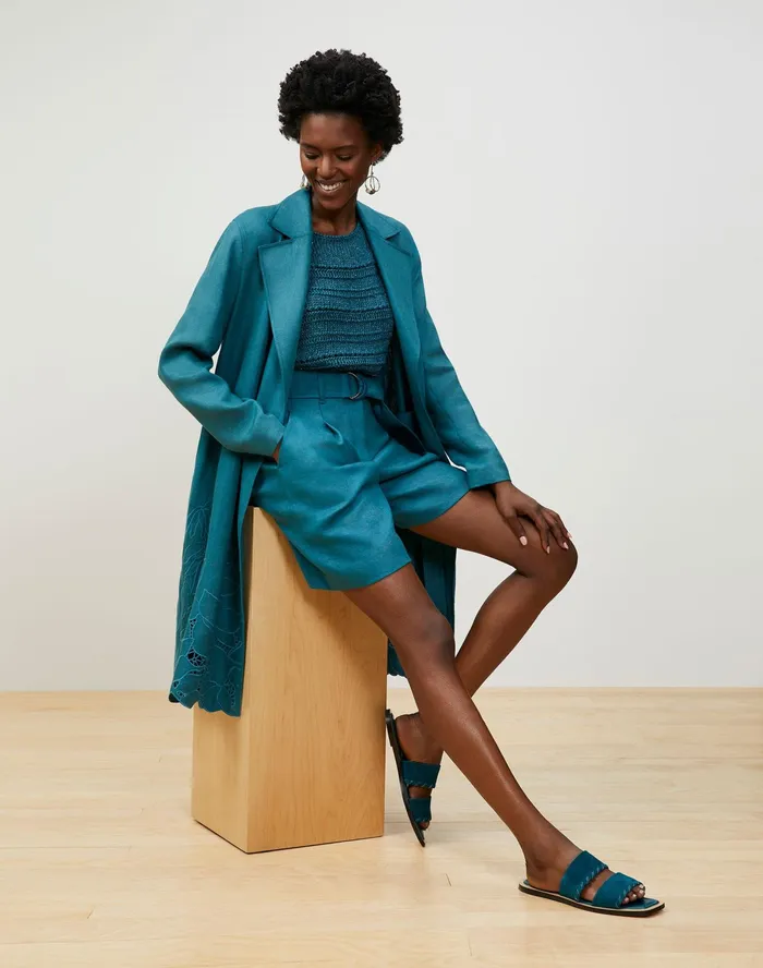 Women Lafayette 148 New York Sweaters Cotton Silk Tape Bateau Neck Open Stitch Pullover Deep Lagoon Multi