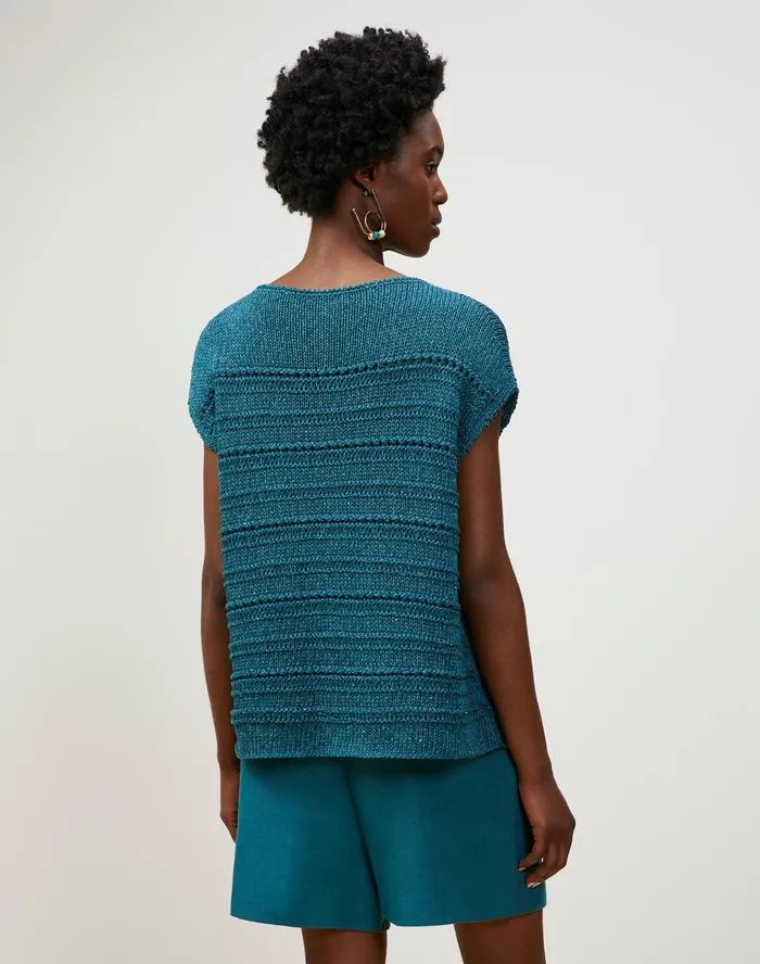 Women Lafayette 148 New York Sweaters Cotton Silk Tape Bateau Neck Open Stitch Pullover Deep Lagoon Multi