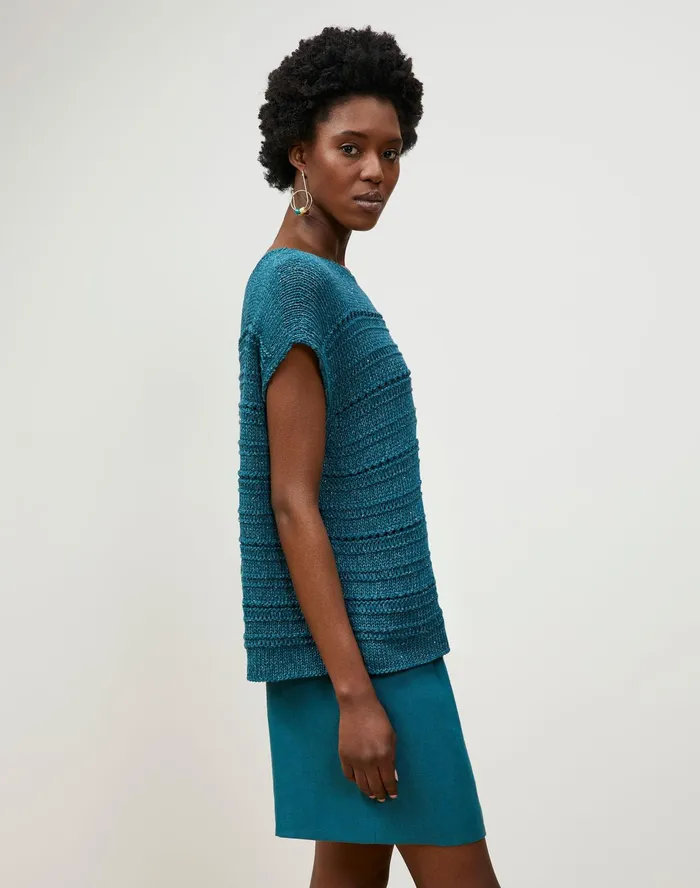 Women Lafayette 148 New York Sweaters Cotton Silk Tape Bateau Neck Open Stitch Pullover Deep Lagoon Multi