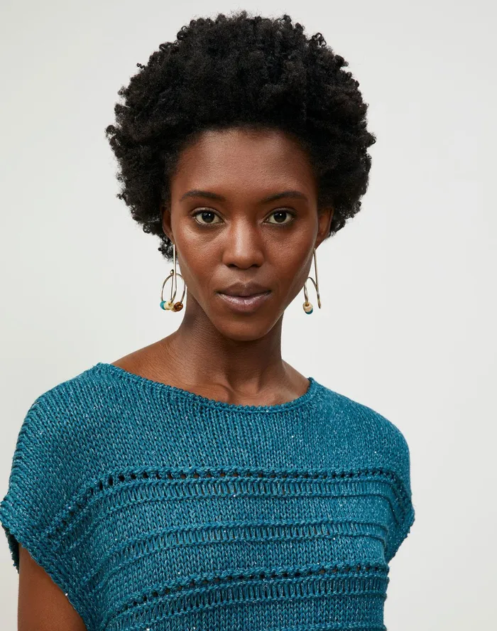 Women Lafayette 148 New York Sweaters Cotton Silk Tape Bateau Neck Open Stitch Pullover Deep Lagoon Multi