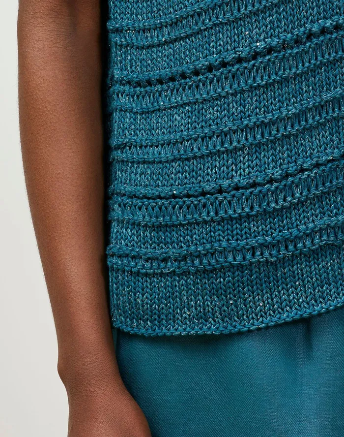 Women Lafayette 148 New York Sweaters Cotton Silk Tape Bateau Neck Open Stitch Pullover Deep Lagoon Multi