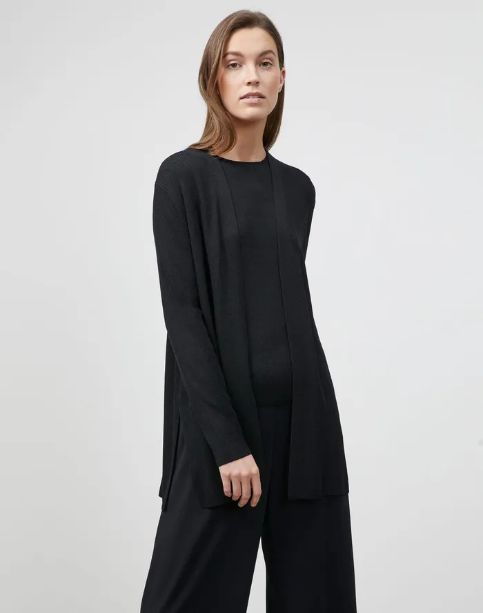 Women Lafayette 148 New York Sweaters Finespun Voile Belted Rib Cardigan Black