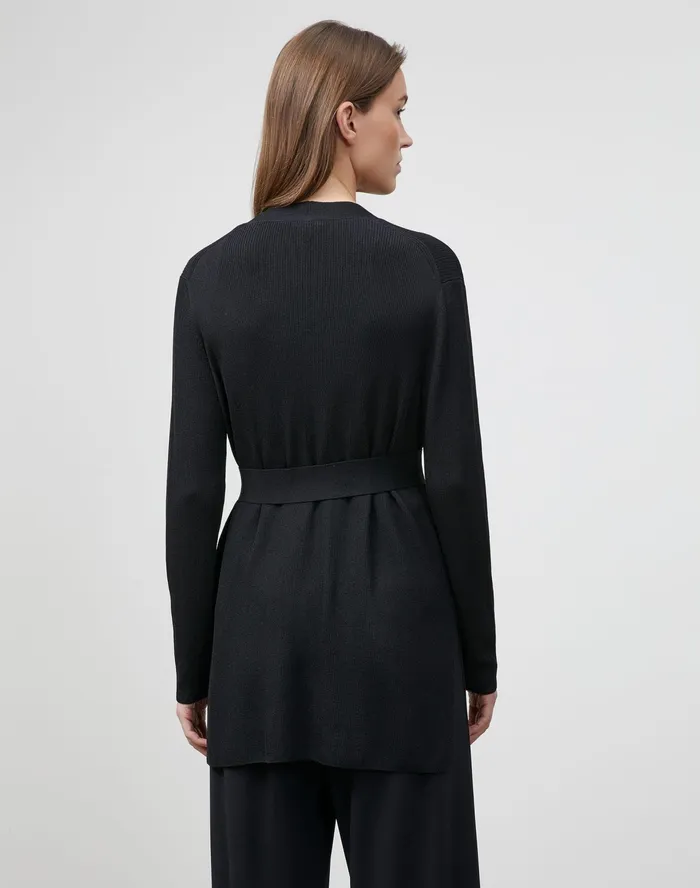 Women Lafayette 148 New York Sweaters Finespun Voile Belted Rib Cardigan Black