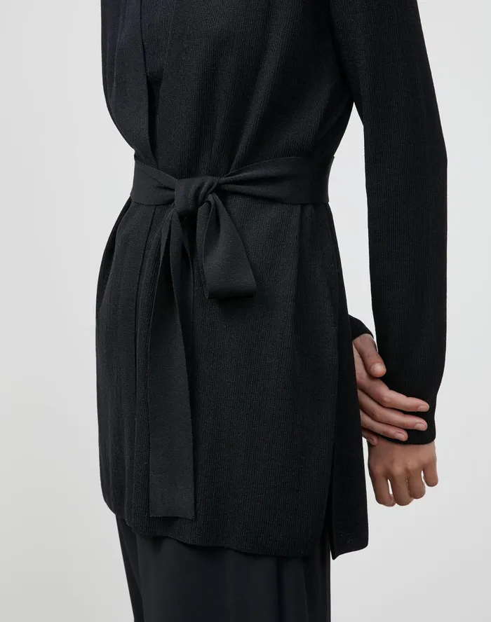Women Lafayette 148 New York Sweaters Finespun Voile Belted Rib Cardigan Black