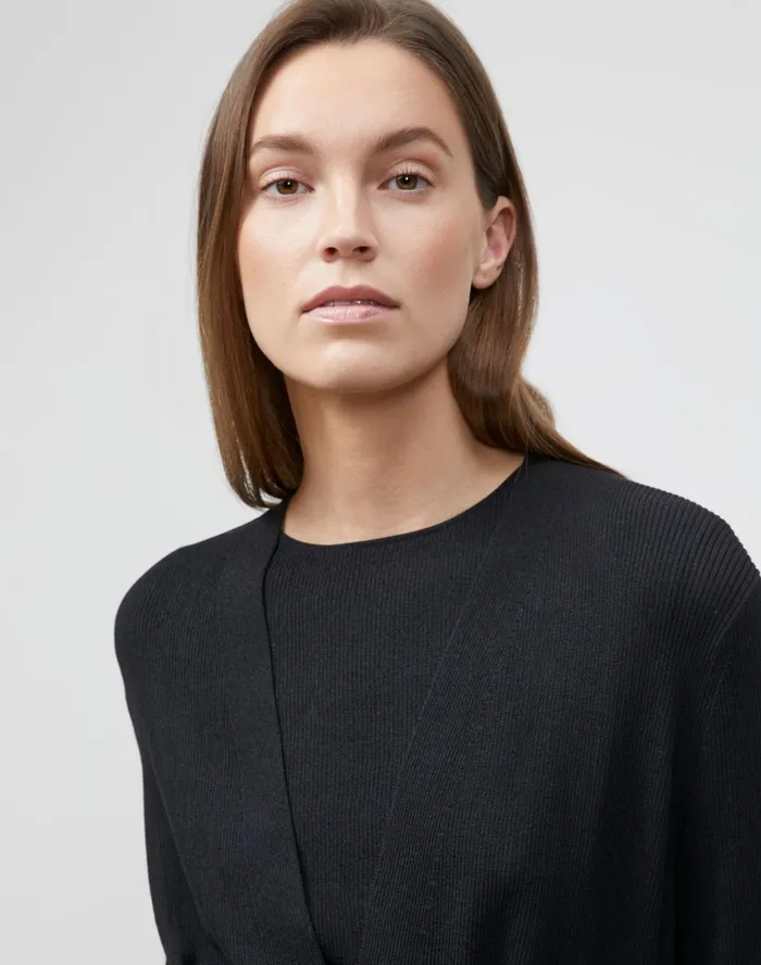 Women Lafayette 148 New York Sweaters Finespun Voile Belted Rib Cardigan Black