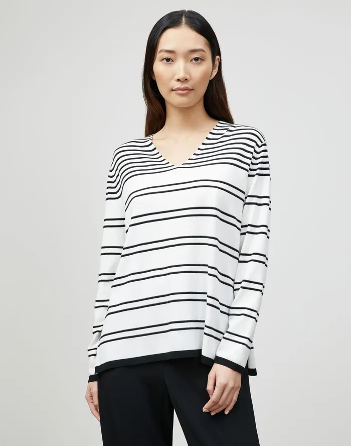 Women Lafayette 148 New York Sweaters Petite Matte Crepe Striped VNeck Sweater Black Multi