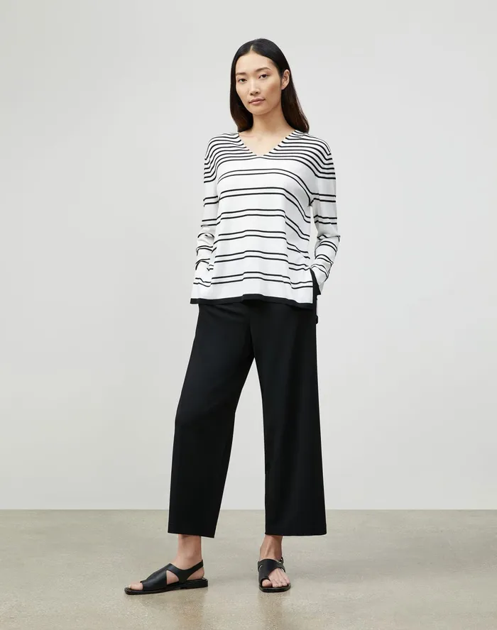 Women Lafayette 148 New York Sweaters Petite Matte Crepe Striped VNeck Sweater Black Multi