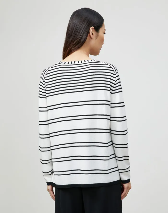 Women Lafayette 148 New York Sweaters Petite Matte Crepe Striped VNeck Sweater Black Multi
