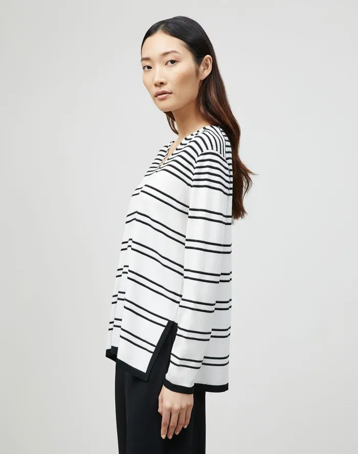 Women Lafayette 148 New York Sweaters Petite Matte Crepe Striped VNeck Sweater Black Multi