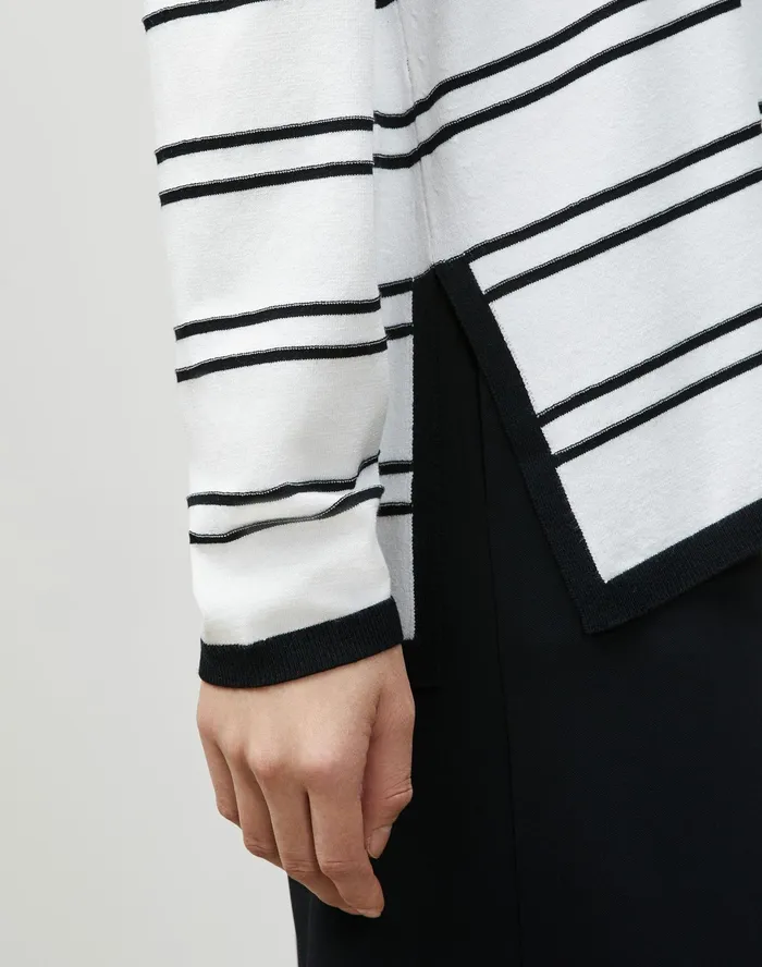 Women Lafayette 148 New York Sweaters Petite Matte Crepe Striped VNeck Sweater Black Multi