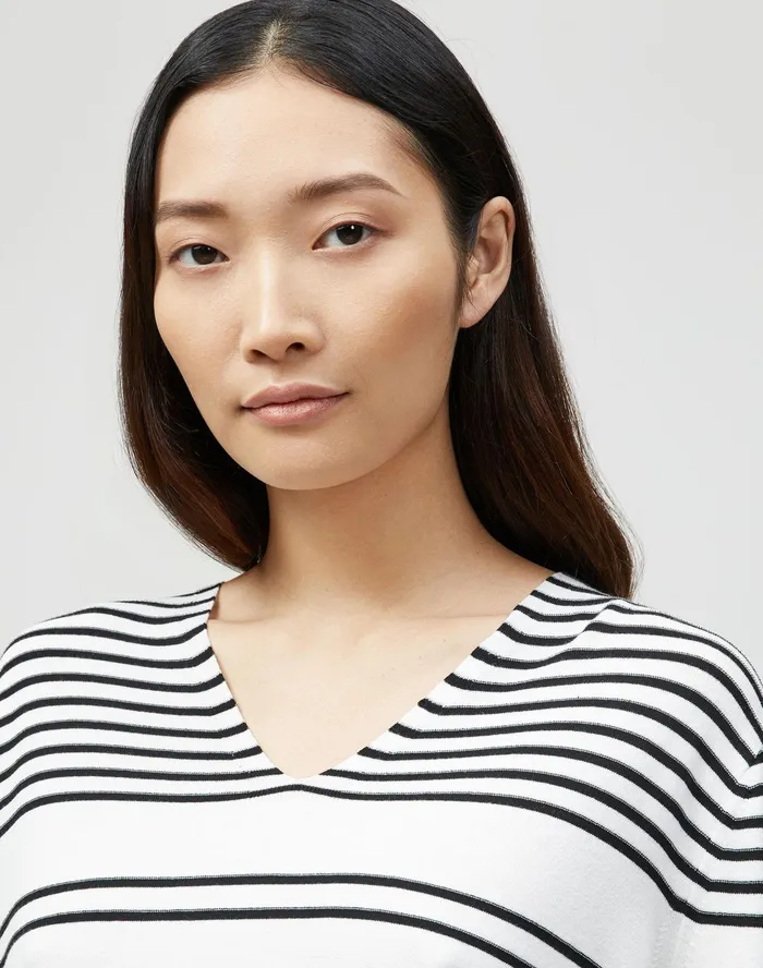 Women Lafayette 148 New York Sweaters Petite Matte Crepe Striped VNeck Sweater Black Multi
