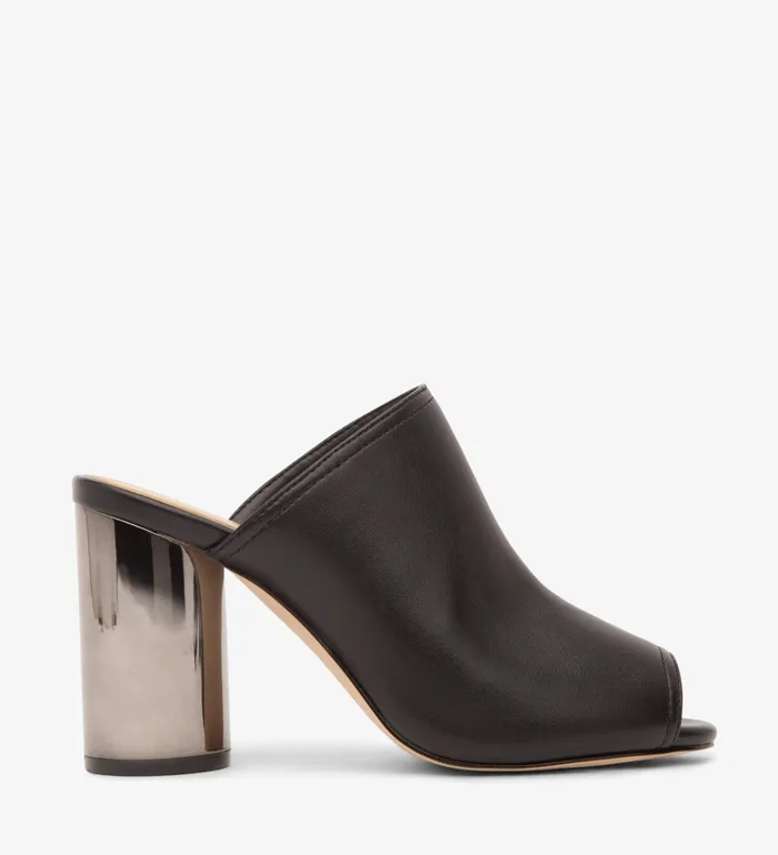 Women Leone Vegan High Heel Mules Black Matt and Nat Heels