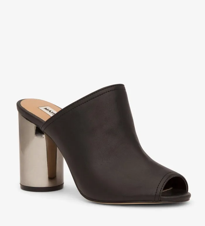 Women Leone Vegan High Heel Mules Black Matt and Nat Heels