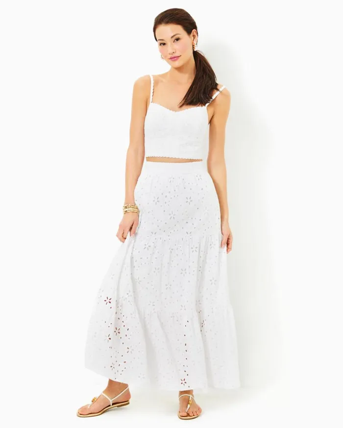 Women Lilly Pulitzer Bottoms Winslow Eyelet Maxi Skirt Resort White Sealife Eyelet