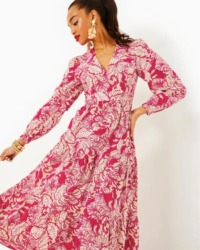 Women Lilly Pulitzer Dresses Tinslee Long Sleeve Midi Dress Poinsettia Red Island Vibes Women Lilly Pulitzer Dresses Tinslee Long Sleeve Midi Dress Poinsettia Red Island Vibes