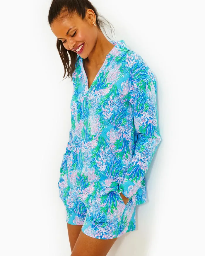 Women Lilly Pulitzer Loungewear Clanton Long Sleeve Top and Loxley Knit Short Set Las Olas Aqua Strong Current Sea Women Lilly Pulitzer Loungewear Clanton Long Sleeve Top and Loxley Knit Short Set Las Olas Aqua Strong Current Sea