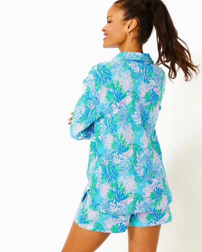 Women Lilly Pulitzer Loungewear Clanton Long Sleeve Top and Loxley Knit Short Set Las Olas Aqua Strong Current Sea Women Lilly Pulitzer Loungewear Clanton Long Sleeve Top and Loxley Knit Short Set Las Olas Aqua Strong Current Sea