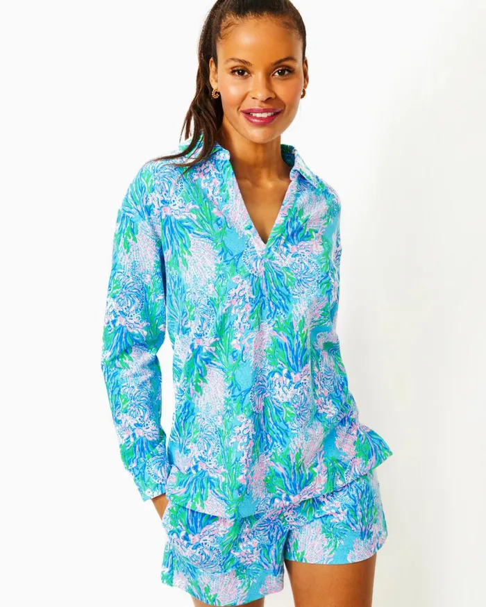 Women Lilly Pulitzer Loungewear Clanton Long Sleeve Top and Loxley Knit Short Set Las Olas Aqua Strong Current Sea Women Lilly Pulitzer Loungewear Clanton Long Sleeve Top and Loxley Knit Short Set Las Olas Aqua Strong Current Sea