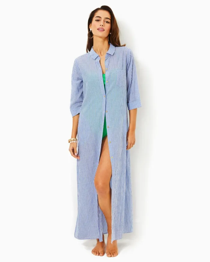 Women Lilly Pulitzer Swim Natalie Maxi CoverUp Coastal Blue Ltwt Oxford Stripe Women Lilly Pulitzer Swim Natalie Maxi CoverUp Coastal Blue Ltwt Oxford Stripe