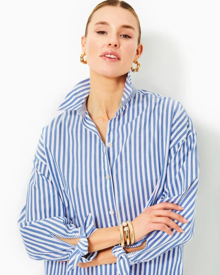 Women Lilly Pulitzer Tops Lesia Relaxed Button Down Shirt Briny Blue Cabana Stripe Women Lilly Pulitzer Tops Lesia Relaxed Button Down Shirt Briny Blue Cabana Stripe
