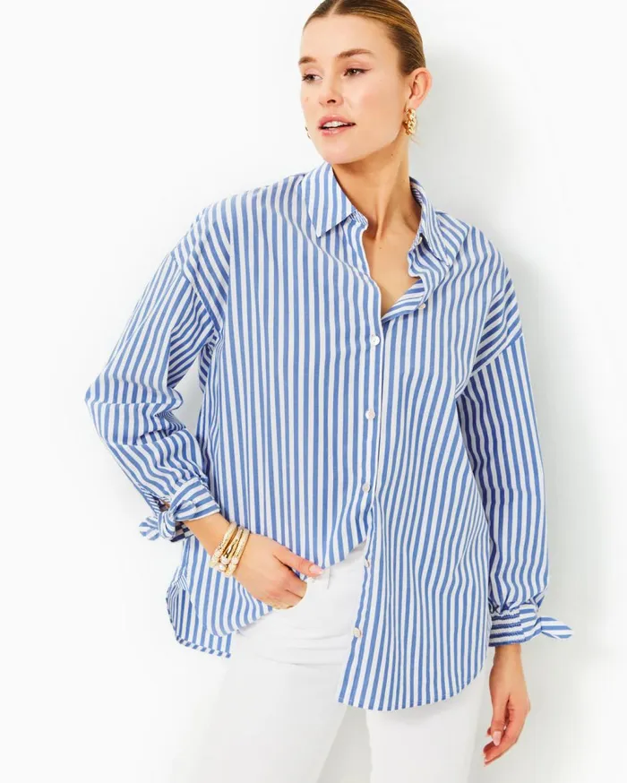 Women Lilly Pulitzer Tops Lesia Relaxed Button Down Shirt Briny Blue Cabana Stripe Women Lilly Pulitzer Tops Lesia Relaxed Button Down Shirt Briny Blue Cabana Stripe